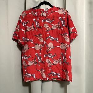 RARE Vintage 90's Winner Looney Tunes Bugs Bunny & Yosemite Sam 100% Silk Blouse